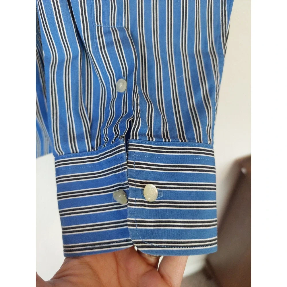 Lauren Ralph Lauren Women's Blue Striped Cotton Button Down Shirt Size Large